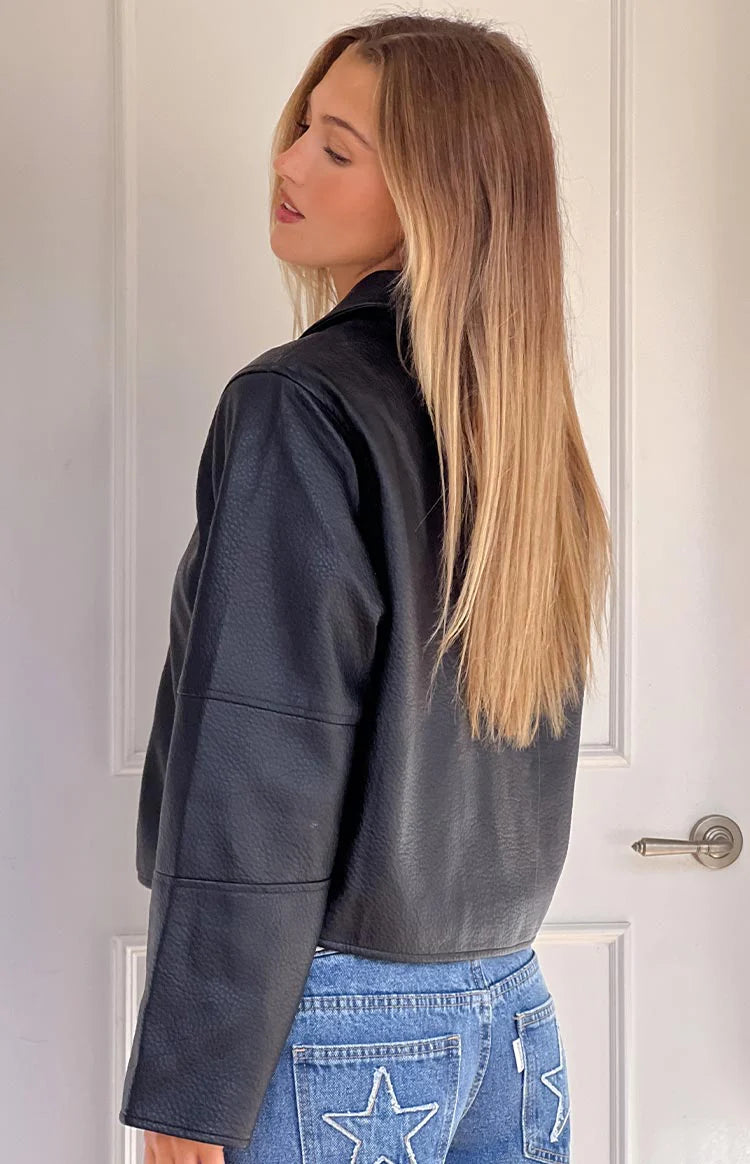 Rockie Black PU Pebbled Cropped Jacket