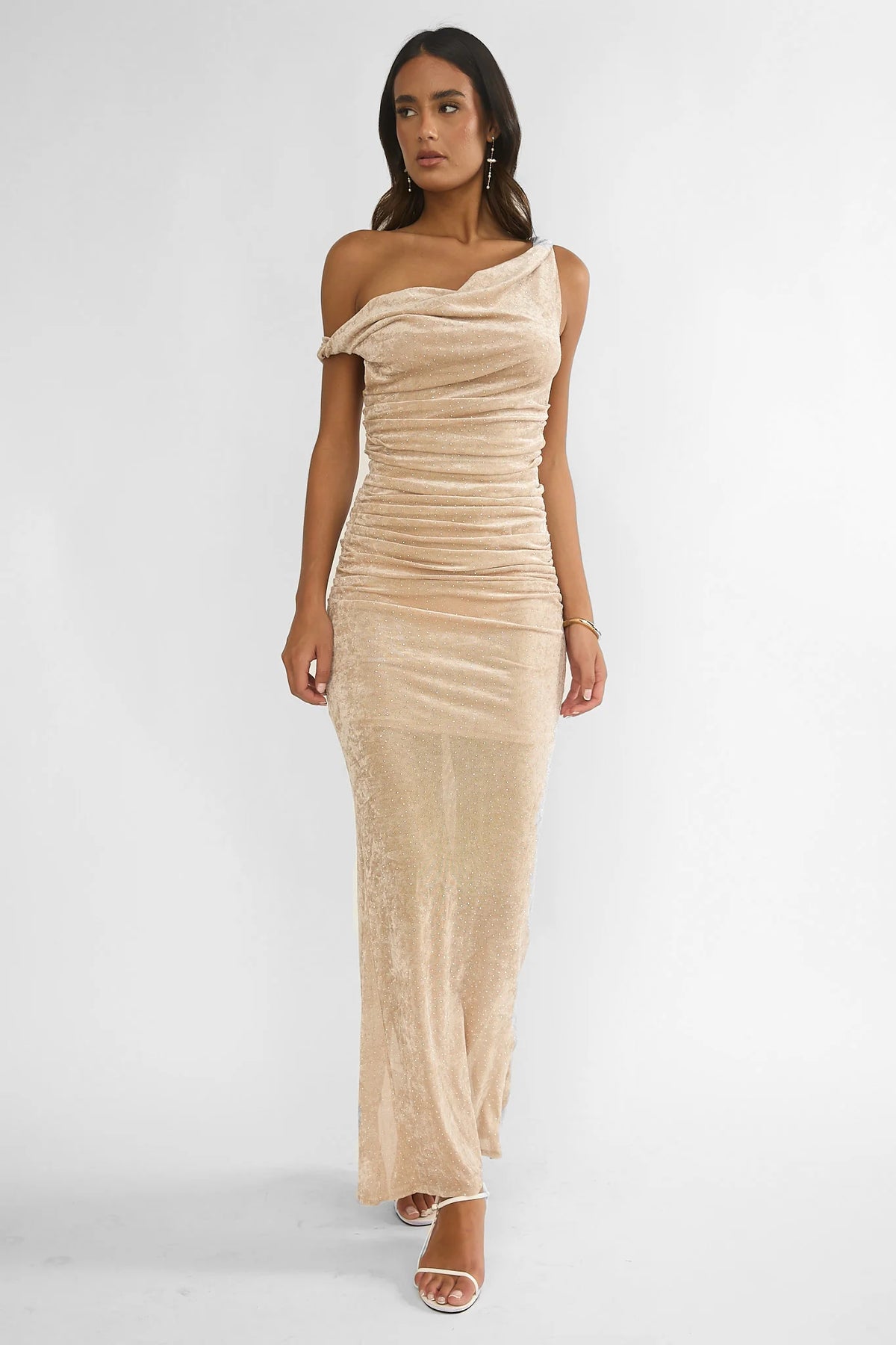 Callen Cowl Ruched Maxi Dress Champagne Silver